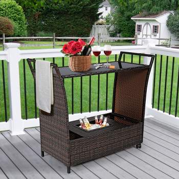 Costway Patio Rattan Bar Serving Cart Wheels Ice Bucket Glass Top Handle Garden