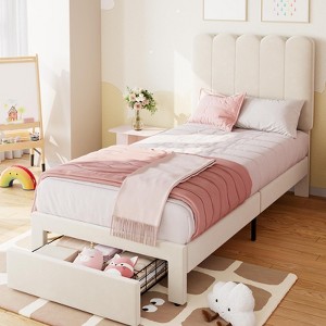Twin Bed Frame with Storage Drawer and Headboard, Velvet Upholstered Twin Platform Bed Frame for Girls, Strong Wooden Slats Support - 1 of 4