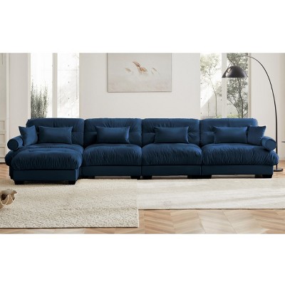 5 Pieces Sofa With Ottoman, 4 Seater Sectional Sofas Large With Waist Pillow And Throw Pillows, Large L Shape Sofa For Living Room-Cuddlewood