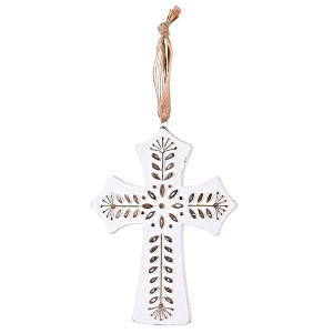 Dicksons Raised Floral Detain Cross with Burlap Hanger, White Wash/Brown 6.25 x 4.75 Inch Resin Wall Art Plaque - 1 of 2