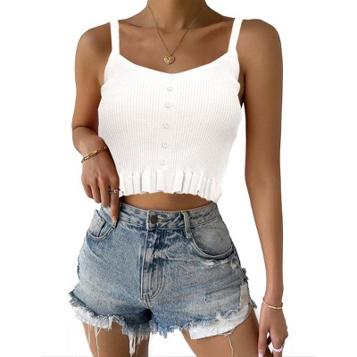 Womens Knit Camisole Tank Tops Strap Cropped Tank Tops with Ruffle Hem Front Button V Neck Cropped Camisole