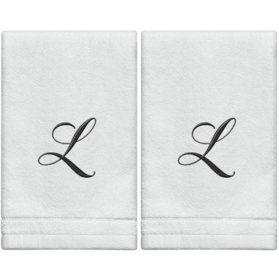 Creative Scents Set of 2 White Fingertip Monogrammed Towels, Black Embroidered
