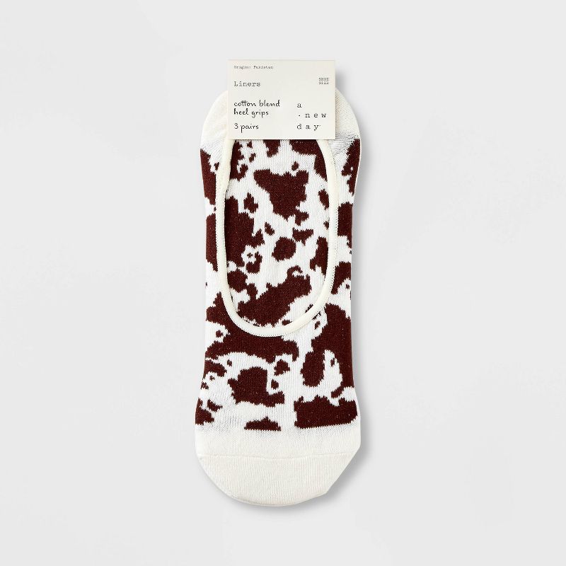Women&#39;s 3pk Cow Print Liner Socks - A New Day&#8482; Ivory/Black/Brown 4-10, 3 of 5