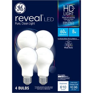 GE 4pk 60W Reveal HD+ A19 LED Light Bulbs: 8W Equivalent, Dimmable, 610 Lumens, E26 Base, 2850K, General Electric Bulbs - 1 of 4