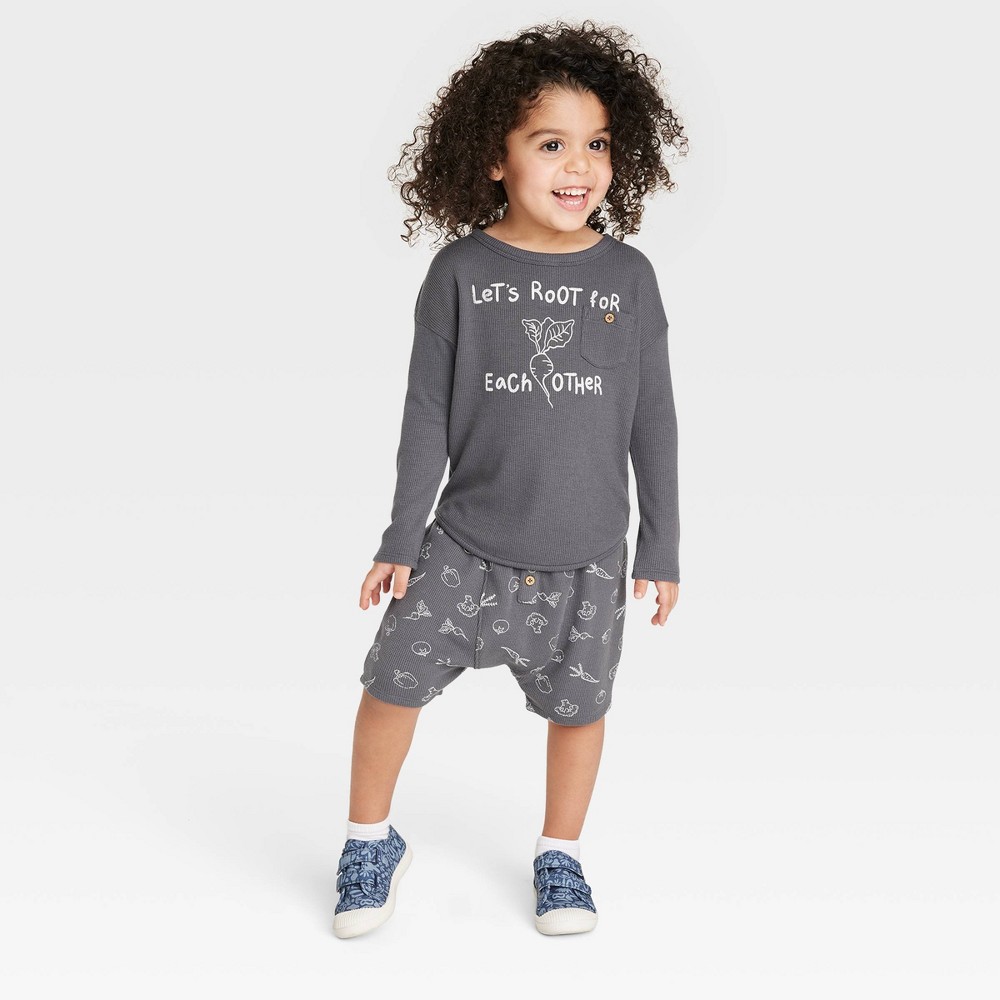 Grayson Collective Toddler Waffle Long Sleeve Top & Bottom Set - Charcoal Gray 3T