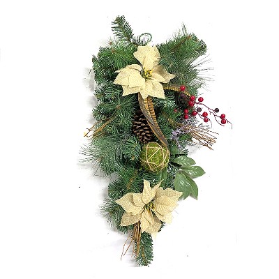 Northlight 28" Unlit Mixed Pine Berry and Burlap Poinsettia Artificial Christmas Teardrop Swag