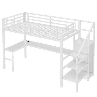 TopComfy Beds Twin XL Size Loft Bed with L shaped Desk Loft Bed with Wardrobe and Adjustable Shelf High Loft Bed for Kids, White, 41.7"*68.5"*149.25"