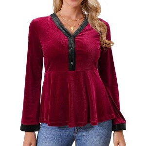 INSPIRE CHIC Women's Winter Velvet Long Sleeve V Neck Button Down Elegant Peplum Casual Blouse - 1 of 4