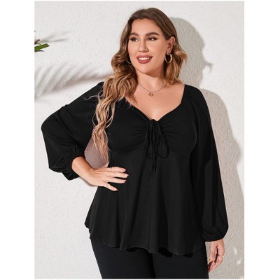Plus Size Smocked Peplum Tops Lantern Sleeve Babydoll Blouses