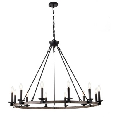12-Light Farmhouse Candle Chandelier, Round Black and Wood Wagon Wheel Light for Entry or Living Room
