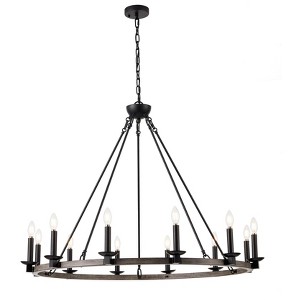 12-Light Farmhouse Candle Chandelier, Round Black and Wood Wagon Wheel Light for Entry or Living Room - 1 of 4