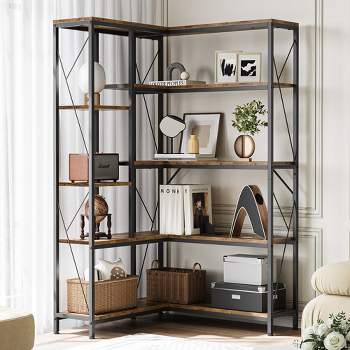 Trinity 5-Shelf Corner Bookshelf, Modern Large Corner Etagere Bookcase with Metal Frame for Living Room Home Office, Rustic Brown