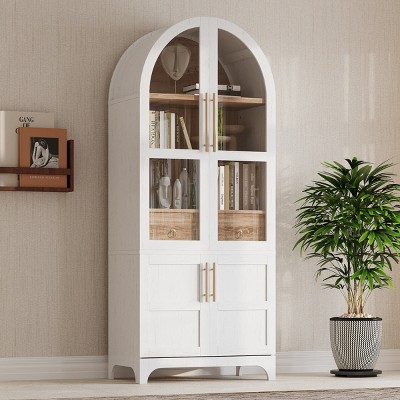 71" Arched Bookcase Cabinet with Glass Doors,Adjustable Shelves & Hidden Drawer for Living Room or Study-Baofuwish