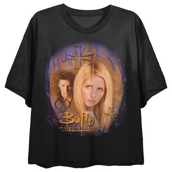 Buffy The Vampire Slayer Buffy & Angel Art Crew Neck Short Sleeve Crew Neck Black Women's Crop Top