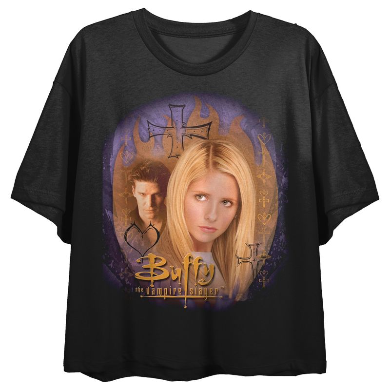 Buffy The Vampire Slayer Buffy & Angel Art Crew Neck Short Sleeve Crew Neck Black Women's Crop Top, 1 of 3