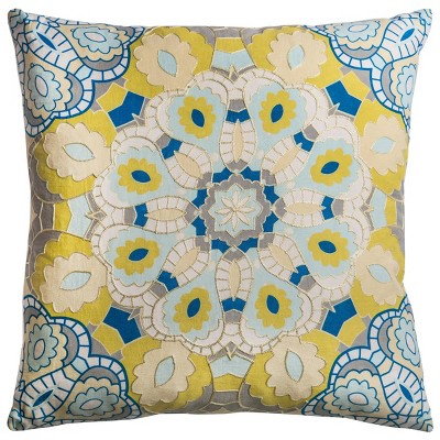 20"x20" Oversize Poly Filled Medallion Square Throw Pillow Light Yellow - Rizzy Home: Embroidered Cotton Canvas, Indoor Decor, Removable Cover