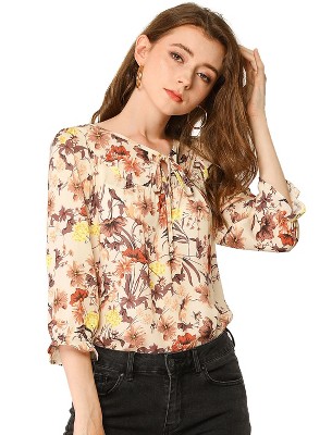 Allegra K Women's Floral Bow Tie Neck Vintage 3/4 Sleeve Blouse