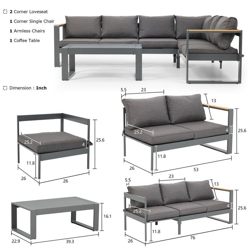 Aoodor 5 Pieces Aluminum Sectional Patio Furniture Set - Modern Outdoor Metal Sofa with Thick Cushions, 4 of 8