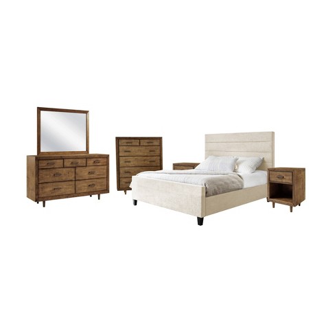 6pc King Aurora Mid-century Brown Bedroom Set With Upholstered Bed ...