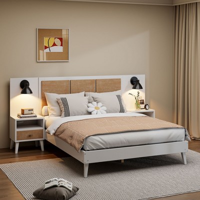 Whisen Queen Size Solid Wood Bed Frame with 2 Nightstands