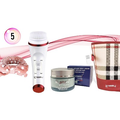 LINSAY Ultra-Sonic Facial & Body cleansing Brush with Temperature control SPA Bundle with Le preel Organic Night-Time Cream USB Cable Headband & Bag