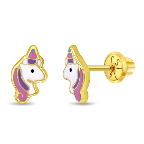 Girls' Rainbow Mane Unicorn Screw Back 14K Gold Earrings - in Season Jewelry