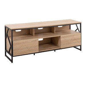 58.75" Contemporary TV Stand in Natural Wood and Black Steel by LumiSource with 3 Display Shelves and Pull-Out Drawers for Living Room - 1 of 4