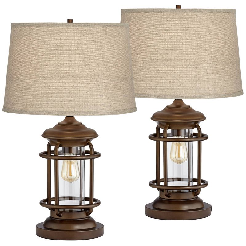 Franklin Iron Works Andreas 26" High Lantern Industrial Farmhouse Rustic Table Lamps Set of 2 USB Port Night Light Brown Metal Living Room Charging, 1 of 10