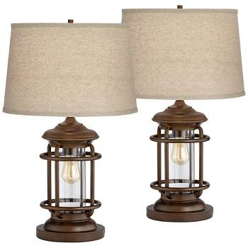 Franklin Iron Works Andreas 26" High Lantern Industrial Farmhouse Rustic Table Lamps Set of 2 USB Port Night Light Brown Metal Living Room Charging