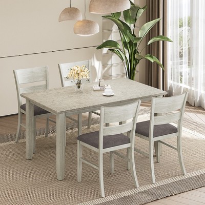 VECELO Farmhouse Style Dining Table Set, Rubber Wood Table with 4/6 Upholstered Dining Chairs, Gray