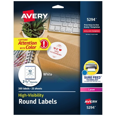 Avery 2-1/2in dia High-Visibility Round Laser Labels- White (300 per Pack)