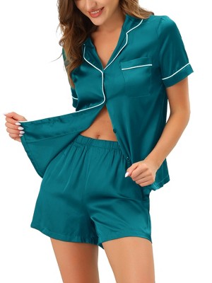 cheibear Women's Silky Satin Button Down Shirt with Shorts Sleepwear Pajama Sets