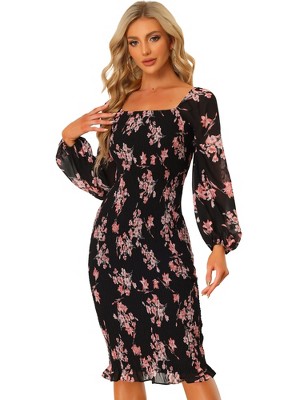 Allegra K Women's Floral Balloon Sleeve Square Neck Ruffle Mermaid Smocked Bodycon Dress