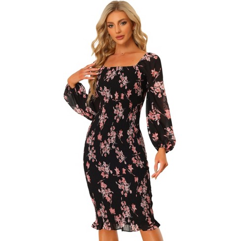 Black Women's Floral Long Frock Elastic Waist Elegant Dresses