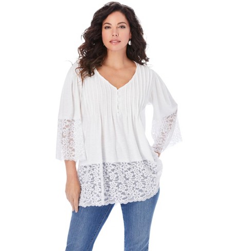 Roaman's Women's Plus Size Lace-hem Pintuck Tunic - 34/36, White : Target