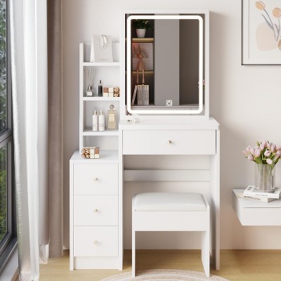 CAVINAS USB Power Supply Vanity Desk with Lights Modern Vanity Table Large Storage Vanity Desk with Mirror and Lights for Bedroom