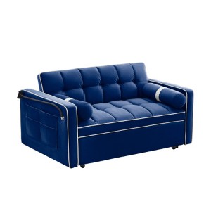 TiramisuBest 55" Velvet Sleeper Sofa with Pull-Out Bed, Convertible Loveseat with Pillows & Side Pockets for Small Spaces, Living Room, Blue - 1 of 4