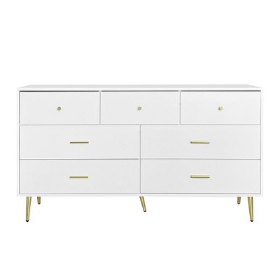 Seven Drawers Large Chest of Drawer Cabinet with Golden Handle and Golden Legs White Color