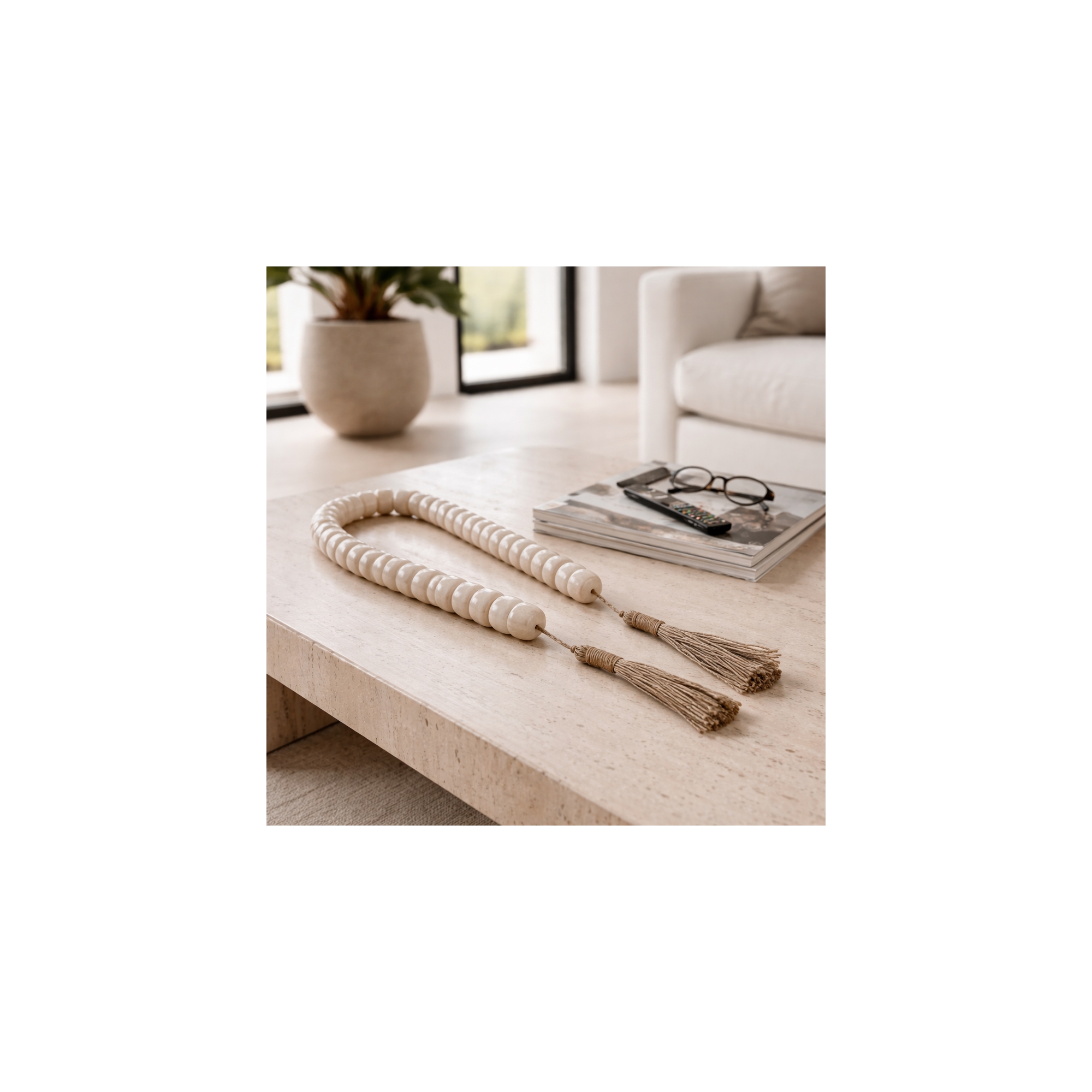 Slim Beaded Garland Accent with Jute Tassels for Home Decor - Decorative Ornaments for Shelf and Coffee Table Decor - 1", Ivory & Tan