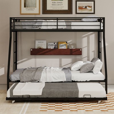 Okak Twin/Full Robust Metal Bunk Bed with Ladders & Rolling Trundle,Contemporary Bed Frame for Bedroom,Dormitory