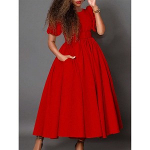Elegant Red Puff Sleeve Maxi Dress with Pockets - Belted A-Line Evening ...