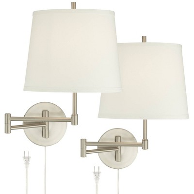 360 Lighting Modern Swing Arm Wall Lamps Set of 2 Brushed Nickel Plug-In Light Fixture Off White Drum Shade Bedroom Living Room