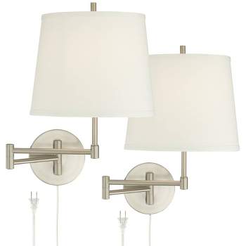 360 Lighting Oray Modern Swing Arm Wall Lamps Set of 2 Brushed Nickel Plug-in Light Fixture Off White Cotton Drum Shade for Bedroom Living Room House