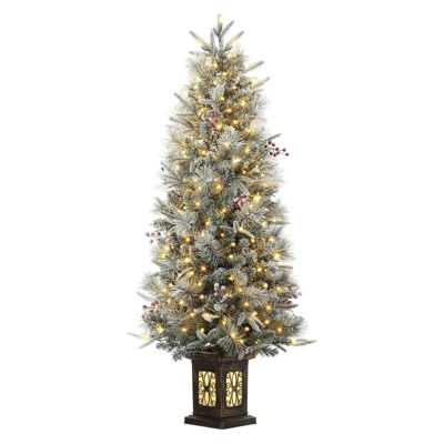 4.5 Ft Artificial Christmas Tree with 200 Warm White  Lights and Red Berries Potted Base Holiday Xmas Tree