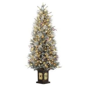4.5 Ft Artificial Christmas Tree with 200 Warm White  Lights and Red Berries Potted Base Holiday Xmas Tree - 1 of 4