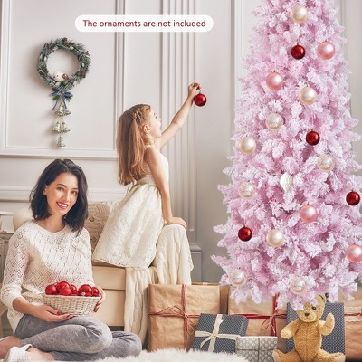 7ft Pink Snow Flocked Pre-Lit Pencil Christmas Tree with LED Lights