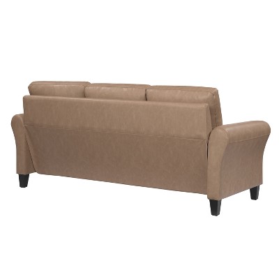 Brown Faux Leather Sofa with Rolled Arms and Wood Legs