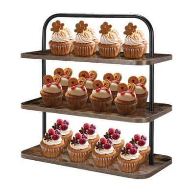Rustic wooden cupcake stand with a three-tier design and portable structure, accommodating up to 50 cupcakes perfect for parties.