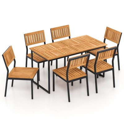 Tangkula 7 PCS Outdoor Dining Set for 6 Acacia Wood Rectangular Table & 6 Armless Chairs