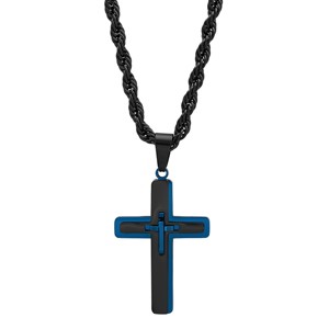 Steeltime 24" Men's two tone black and blue ip stainless steel double cross pendant with figaro chain - 1 of 4